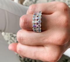 Diamonique Rhodium plated Sterling Silver Round Cut Aurora Borealis Band Ring Size 8
