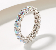 Diamonique Rhodium plated Sterling Silver Round Cut Aurora Borealis Band Ring Size 8