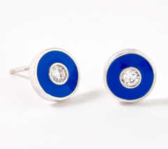 Diamonique Sterling Silver Blue Neon Enamel Button Stud Earrings