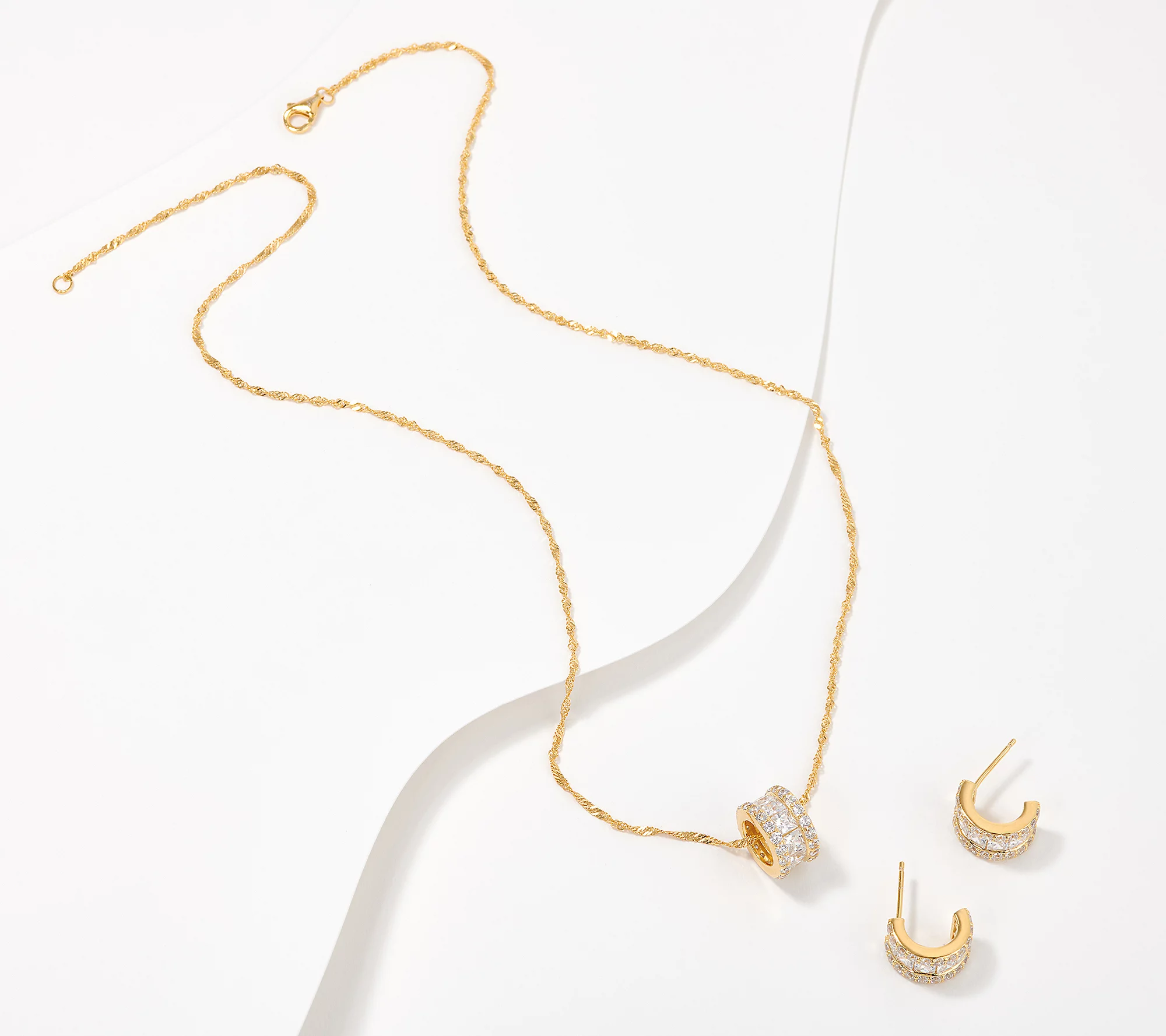 Diamonique Huggie Hoops & Barrel 14K gold-plated Sterling Silver Necklace Set