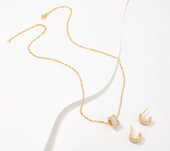 Diamonique Huggie Hoops & Barrel 14K gold-plated Sterling Silver Necklace Set