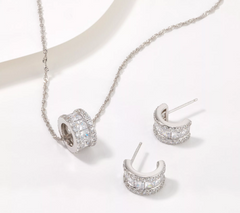 Diamonique Huggie Hoops & Barrel Necklace Set, Rhodium-plated Sterling Silver