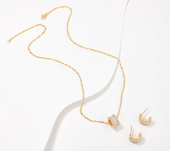 Diamonique Sterling Silver Goldclad Huggie Hoops & Barrel Necklace Set