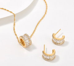 Diamonique Sterling Silver Goldclad Huggie Hoops & Barrel Necklace Set