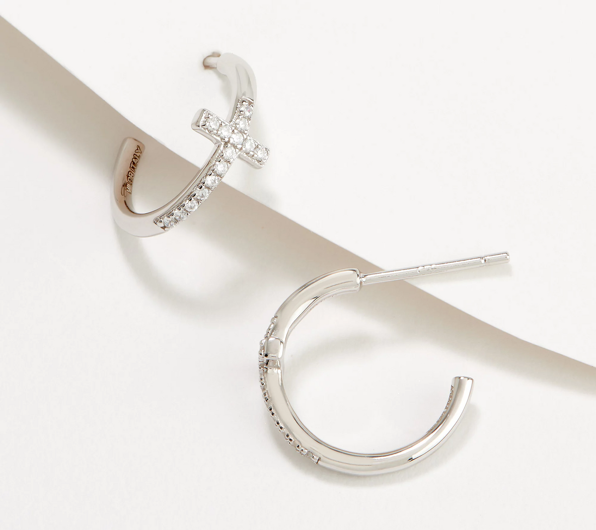 Diamonique Sterling Silver Delicate Cross Hoop Earrings