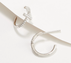 Diamonique Sterling Silver Delicate Cross Hoop Earrings