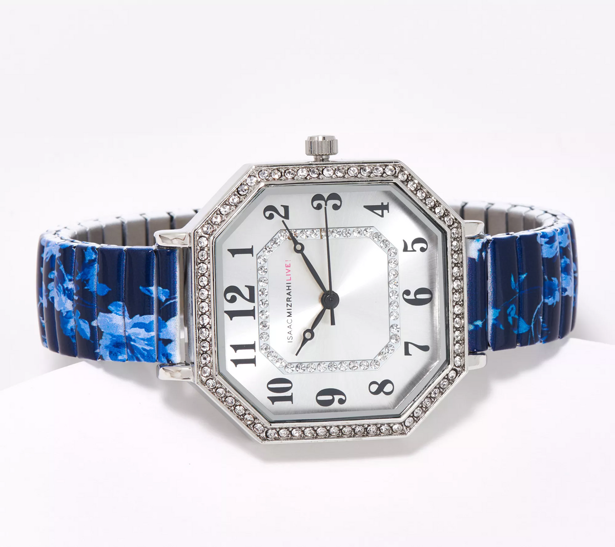 Isaac Mizrahi Live! Octagon Floral Blue Printed Expansion Silver Tone Watch Avg