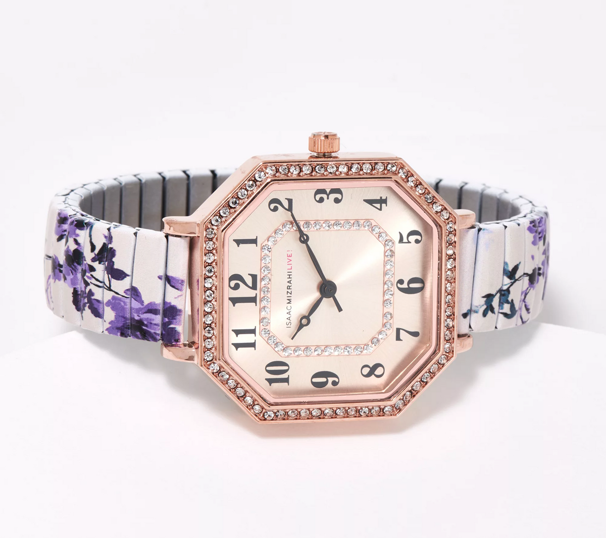 Isaac Mizrahi Live! Octagon Floral Cream Printed Expansion Rose Tone Watch Large