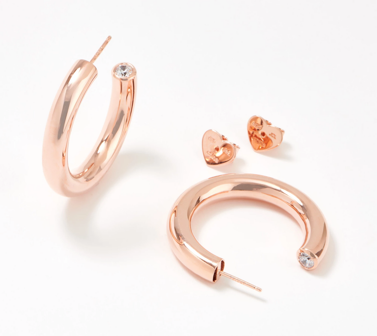 Diamonique Tell Me About It Sterling Silver Rose Stud High-Polish Hoops 1-1/4"