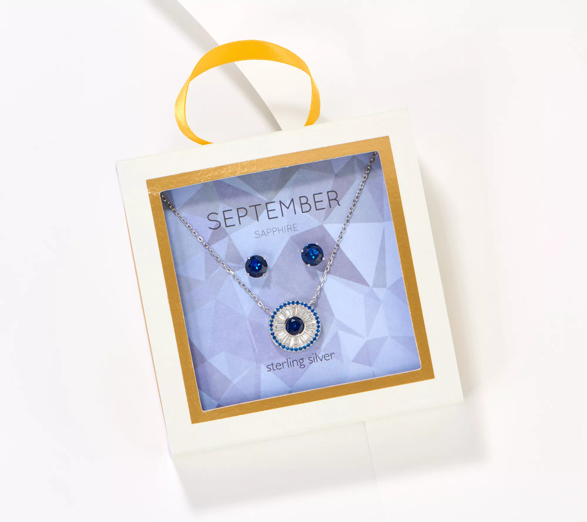Diamonique September Birthstone Sapphire Necklace & Studs Boxed Set, Sterling silver