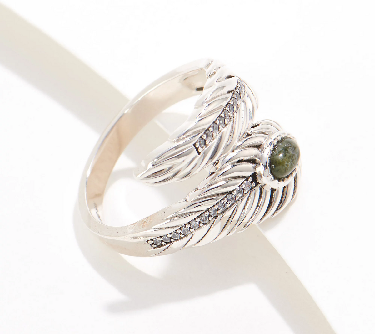 Connemara Marble Diamonique Sterling Silver Feather Ring, Size 7