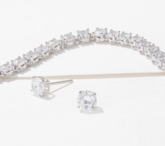 Diamonique 20" Sterling Silver Tennis Necklace & Studs