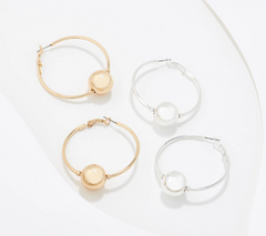 Joan Rivers Set of 2 Goldtone/Silvertone Hoop Earrings w/ Polished Ball