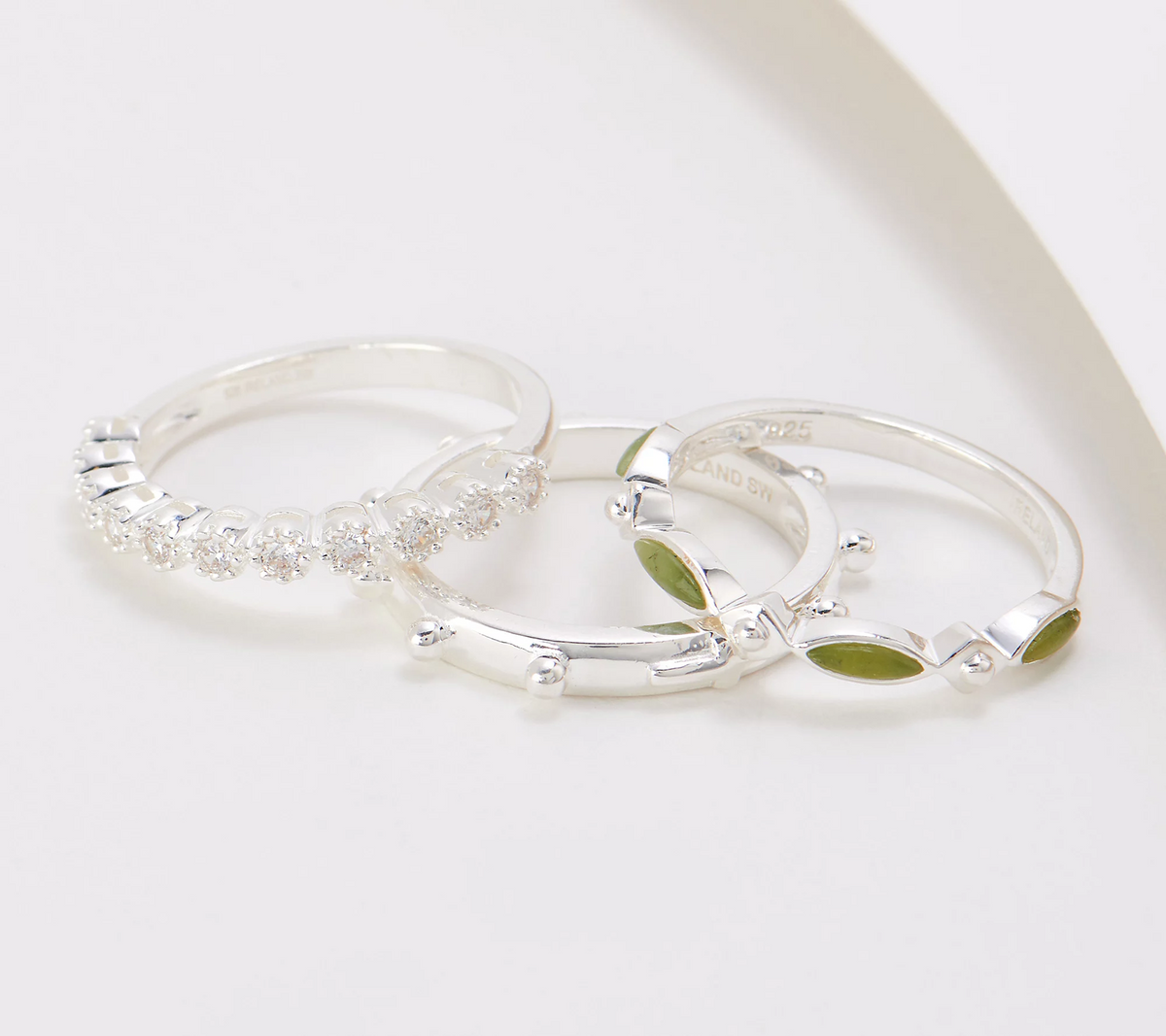 Connemara Marble Diamonique Sterling Silver Set of 3 Rings, Size 11