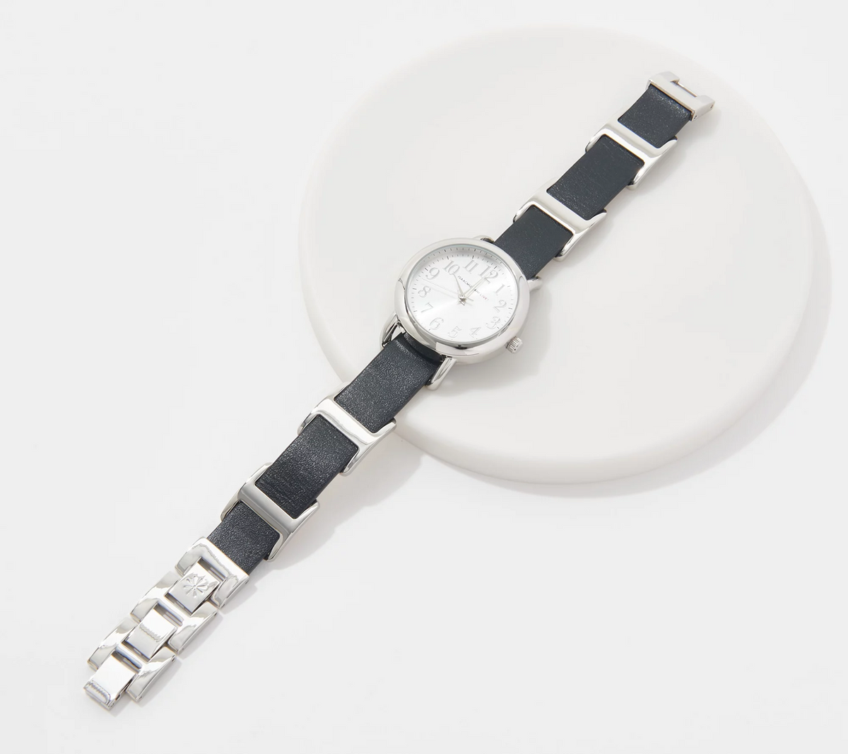 Isaac Mizrahi Live! Watch with Black Leather & Silver Tone Metal Bracelet One Size