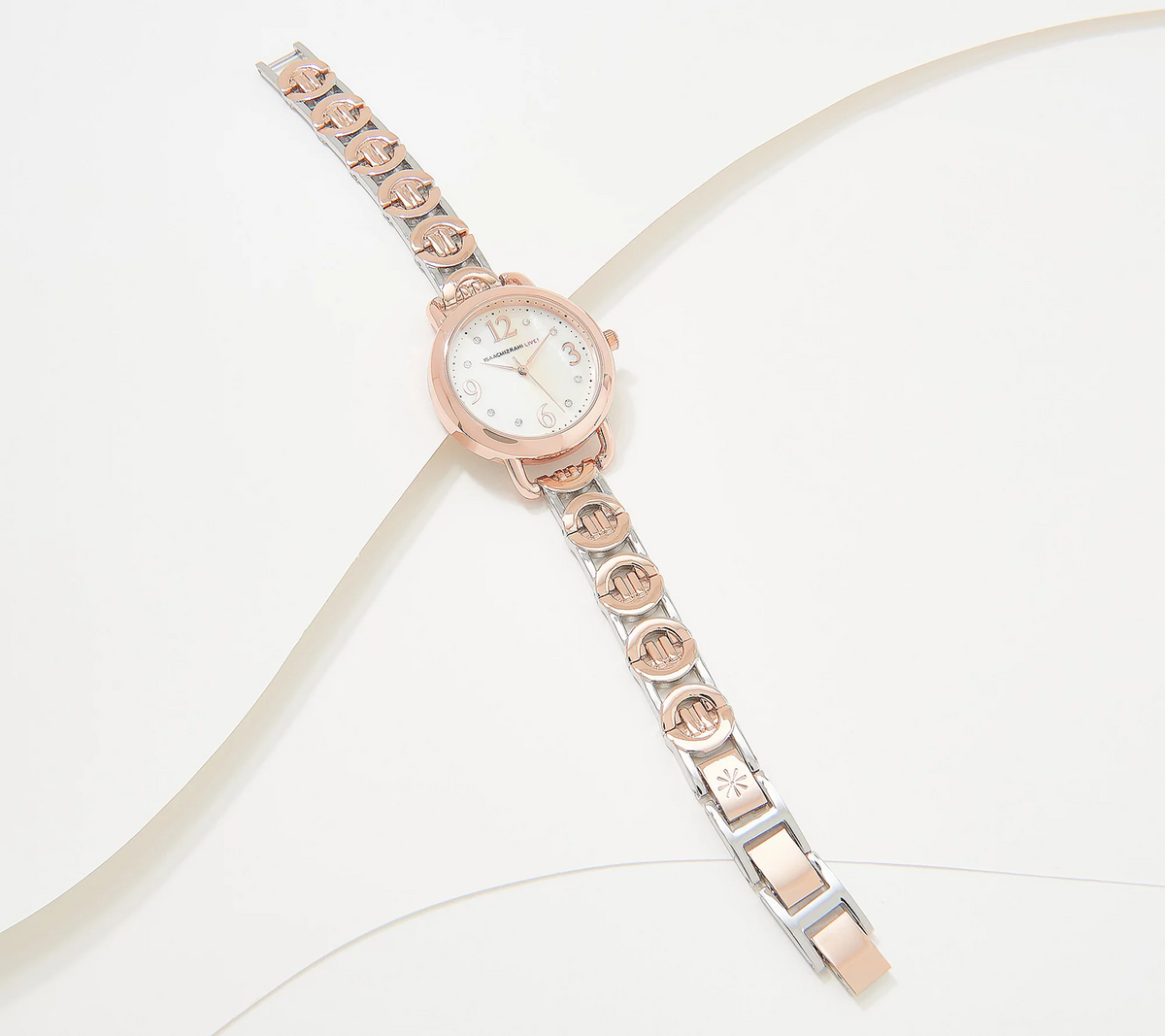 Isaac Mizrahi Live! Rose / Silver Bracelet Watch with Mother of Pearl Face