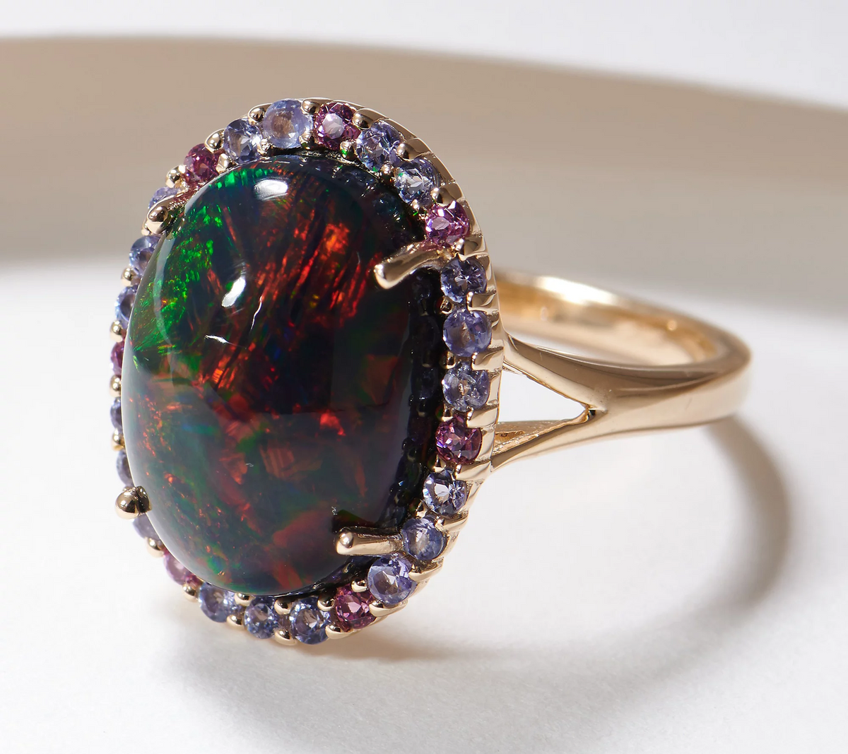 Affinity Gems Oval Black Opal with Tanzanite & Rhodolite Gold Clad SS Ring Size 9