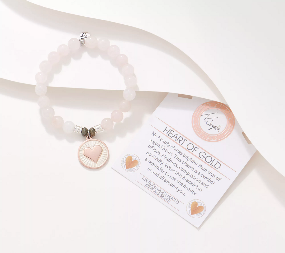 T. Jazelle Gemstone and Rose Clad SS Heart of Gold Charm Beaded Bracelet Small/Avg