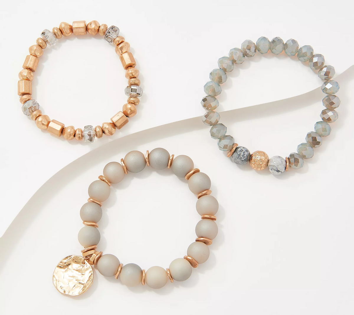 Susan Graver Set of 3 Light Grey Gold Tone Mixed Media Bracelets with Charm