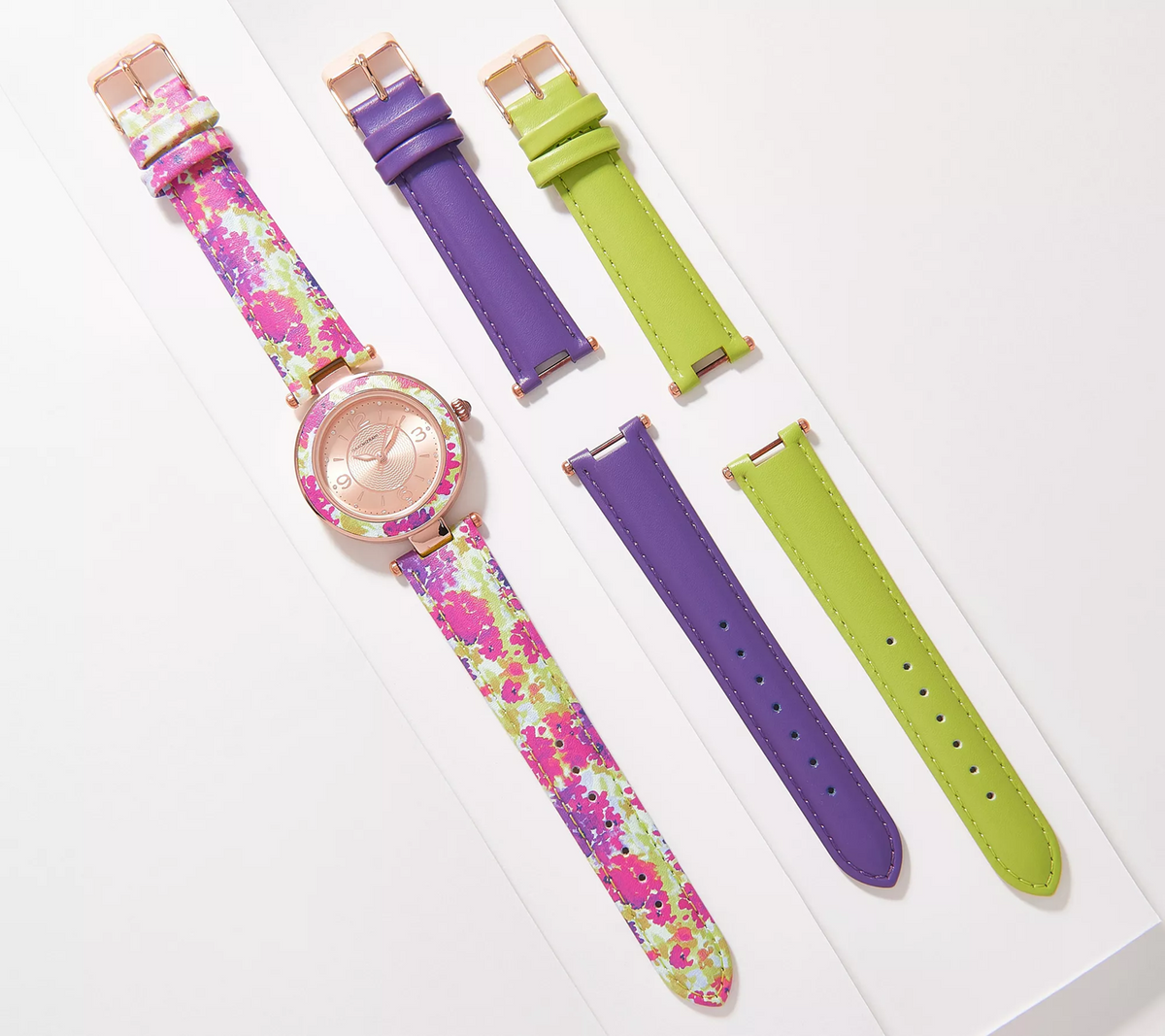 Isaac Mizrahi Live! T-Bar Purple Interchangeable 3-Strap Gold Tone Watch Set