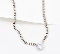 Diamonique Sterling Silver CZ Round Curb Link Solitaire Necklace 16"+2"