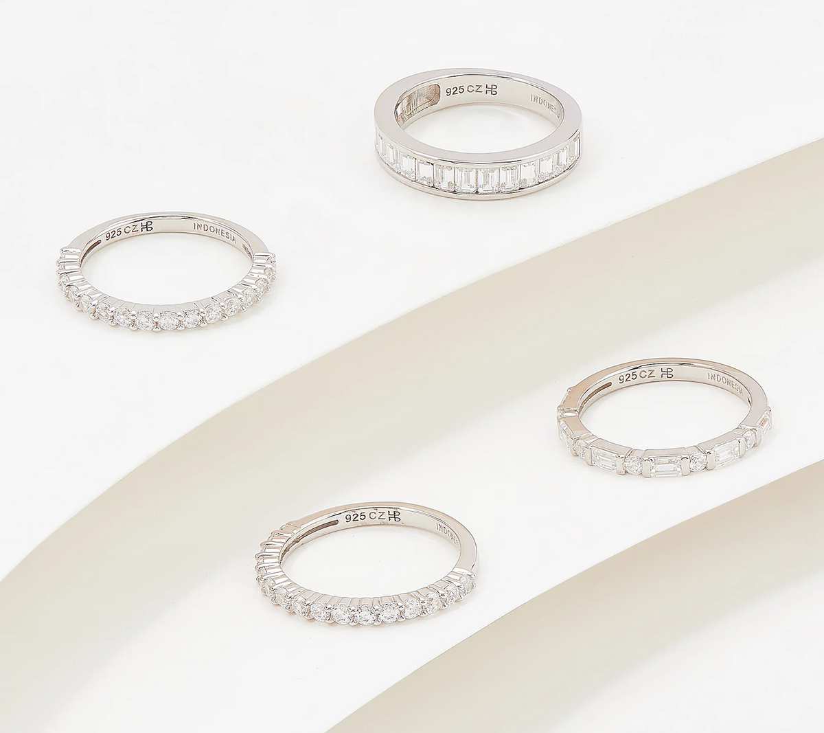 Diamonique Sterling Silver Set of 4 Round & Emerald Cut Stack Rings Sterling Silver Size 5