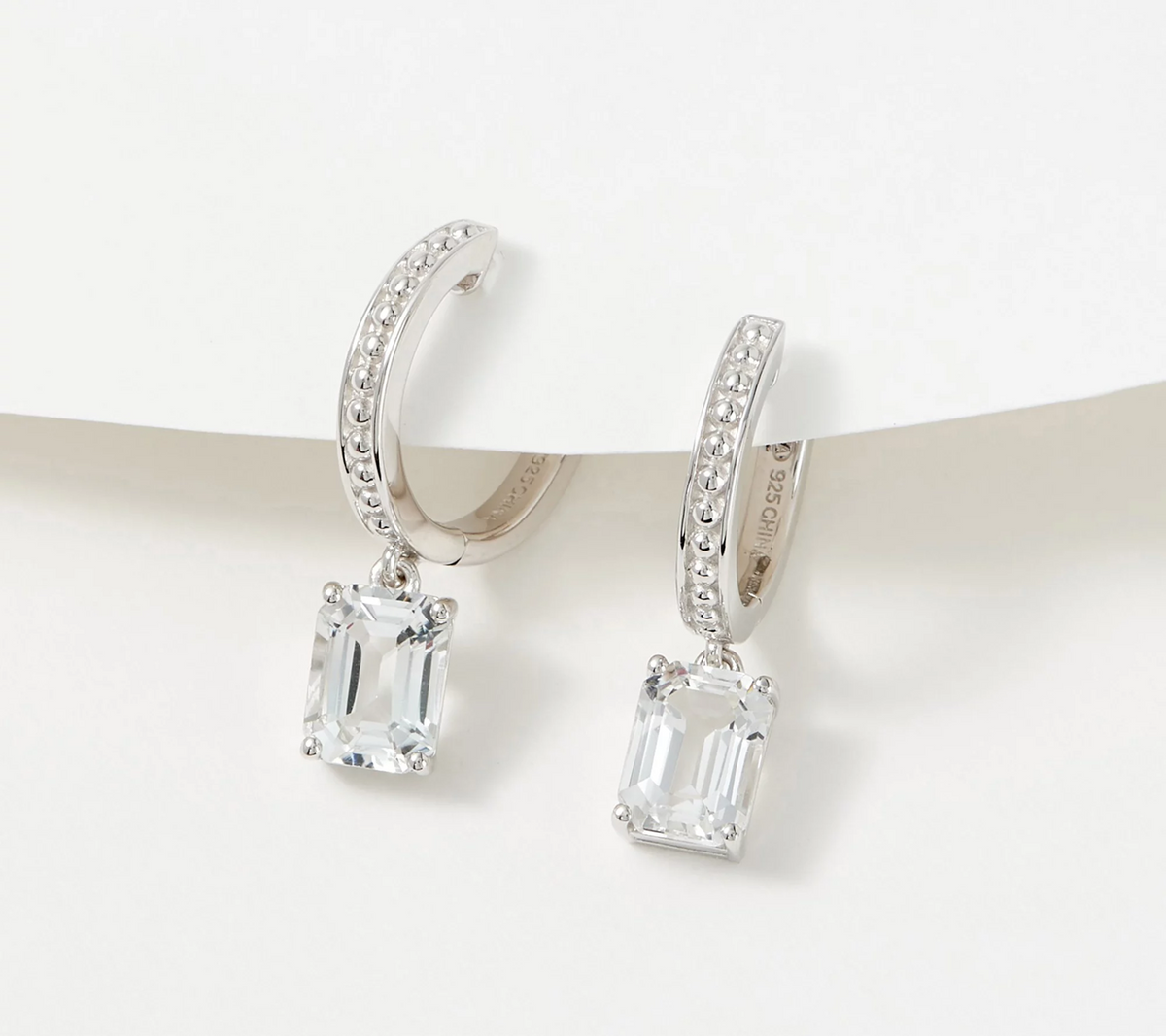 Huggie Hoop Silver Sterling Earrings with  Emerald Cut White Topaz Drops