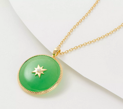 Green Jade Gemstone North Star Round Goldtone Sterling Silver Pendant with 30" Chain