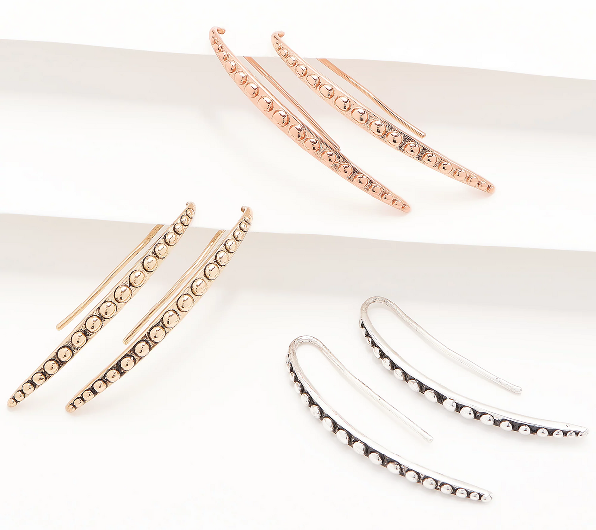 Joan Rivers Set of 3 Silver/Rose/Gold Tone Textured Linear Drop Earrings
