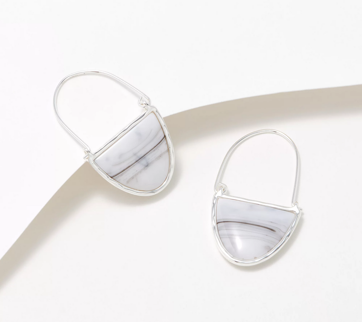 Denim & Co. White Marbled Half Moon Silvertone Earrings