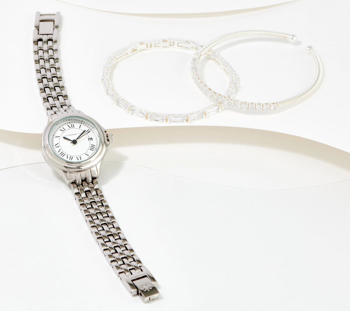 Isaac Mizrahi Live! Silver Tone Rectangle Panther Link Watch and Bracelet Set