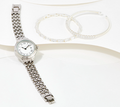 Isaac Mizrahi Live! Silver Tone Rectangle Panther Link Watch and Bracelet Set