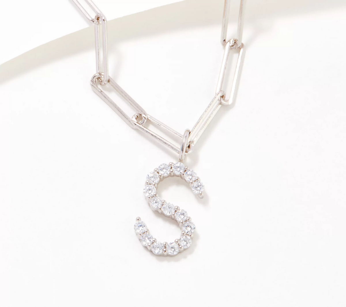 Diamonique Paperclip Link Initial Necklace Sterling Silver, S initial