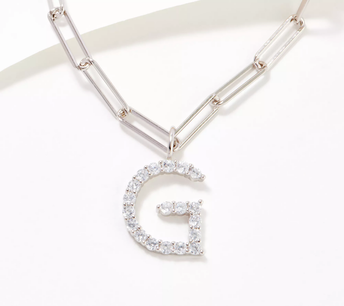 Diamonique Paperclip Link Initial Necklace Sterling Silver, G initial