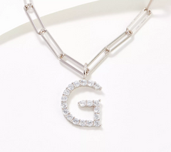 Diamonique Paperclip Link Initial Necklace Sterling Silver, G initial
