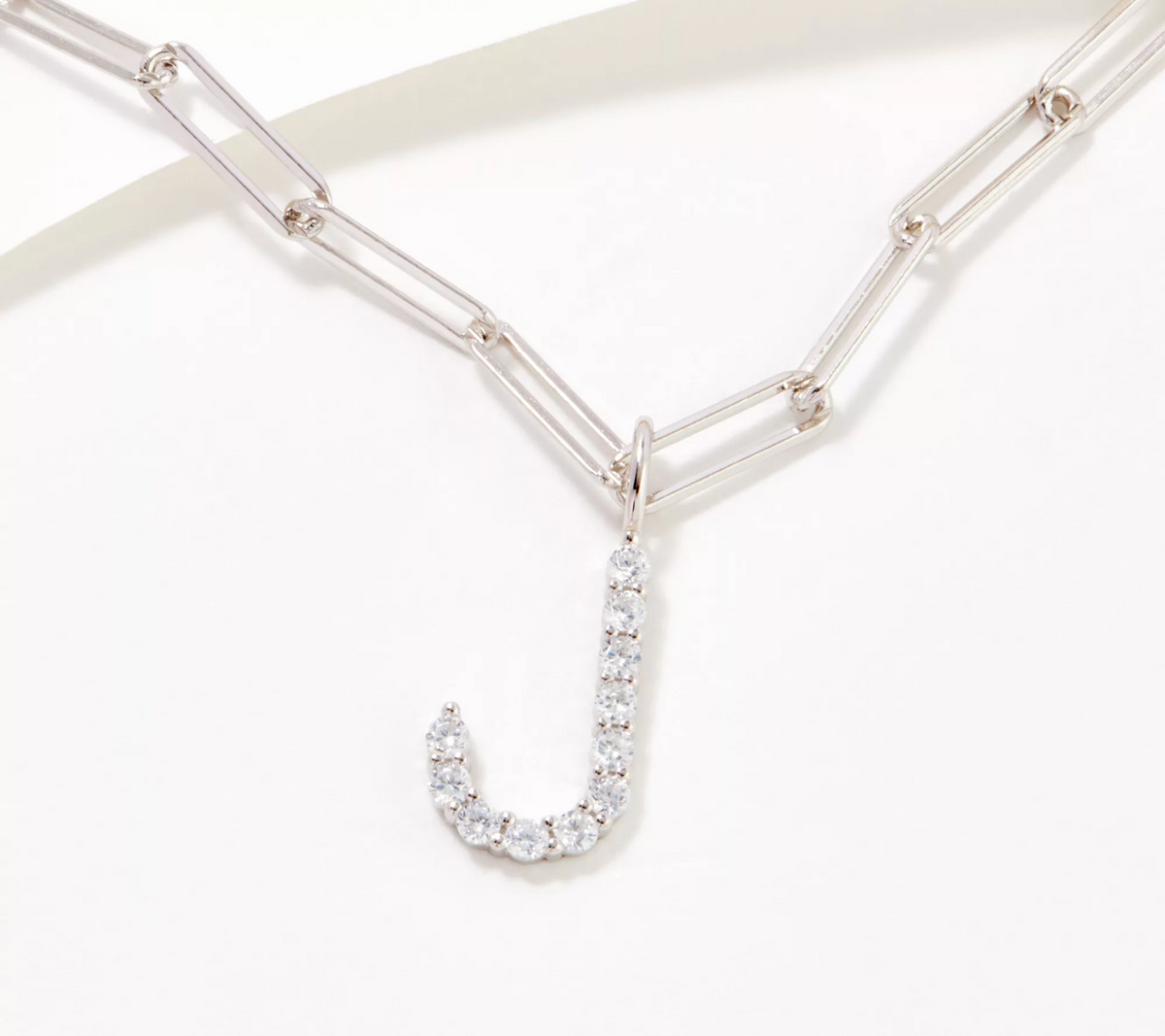 Diamonique Paperclip Link Initial "J" Necklace Sterling Silver
