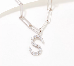 Diamonique Paperclip Link Initial Necklace Sterling Silver, S initial