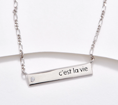 Diamonique Inspirational Bar "C'est La Vie" Necklace Sterling Silver