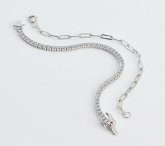 Diamonique Tennis & Paper Clip Layered  Bracelet Set Sterling Silver, 7-1/4"