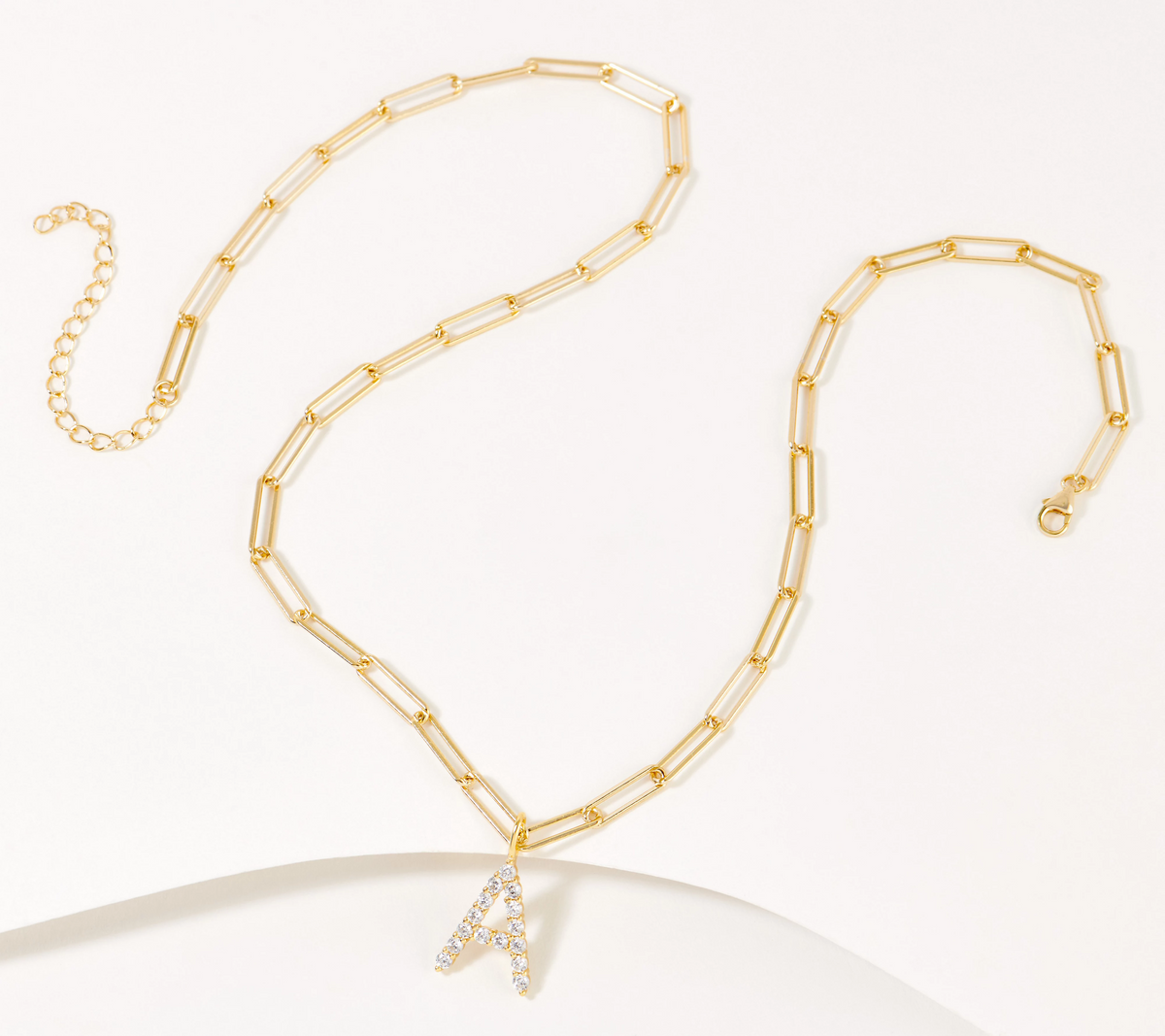 Diamonique Paper Clip Link Initial Necklace, 14K Plated Sterling Silver, A Initial