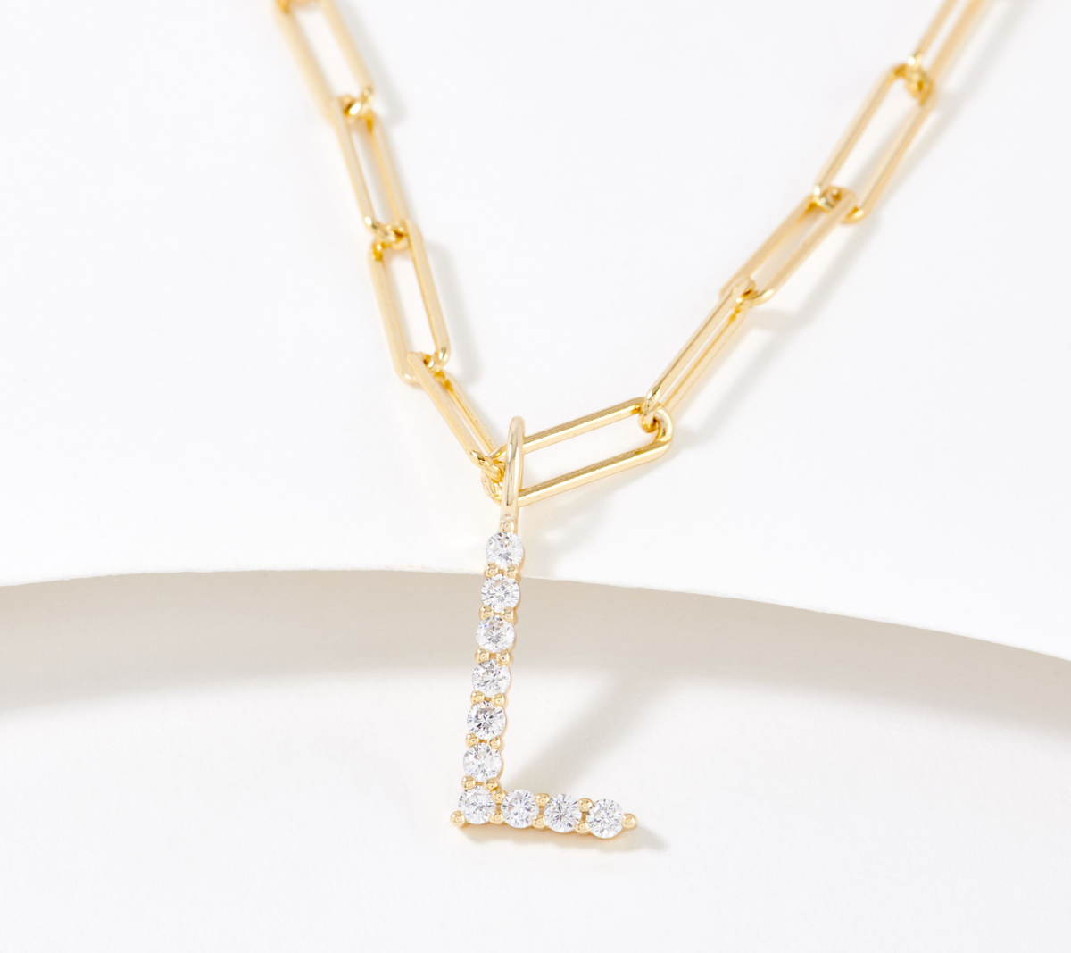 Diamonique Paper Clip Link Initial Necklace, 14K Plated Sterling Silver, L Initial