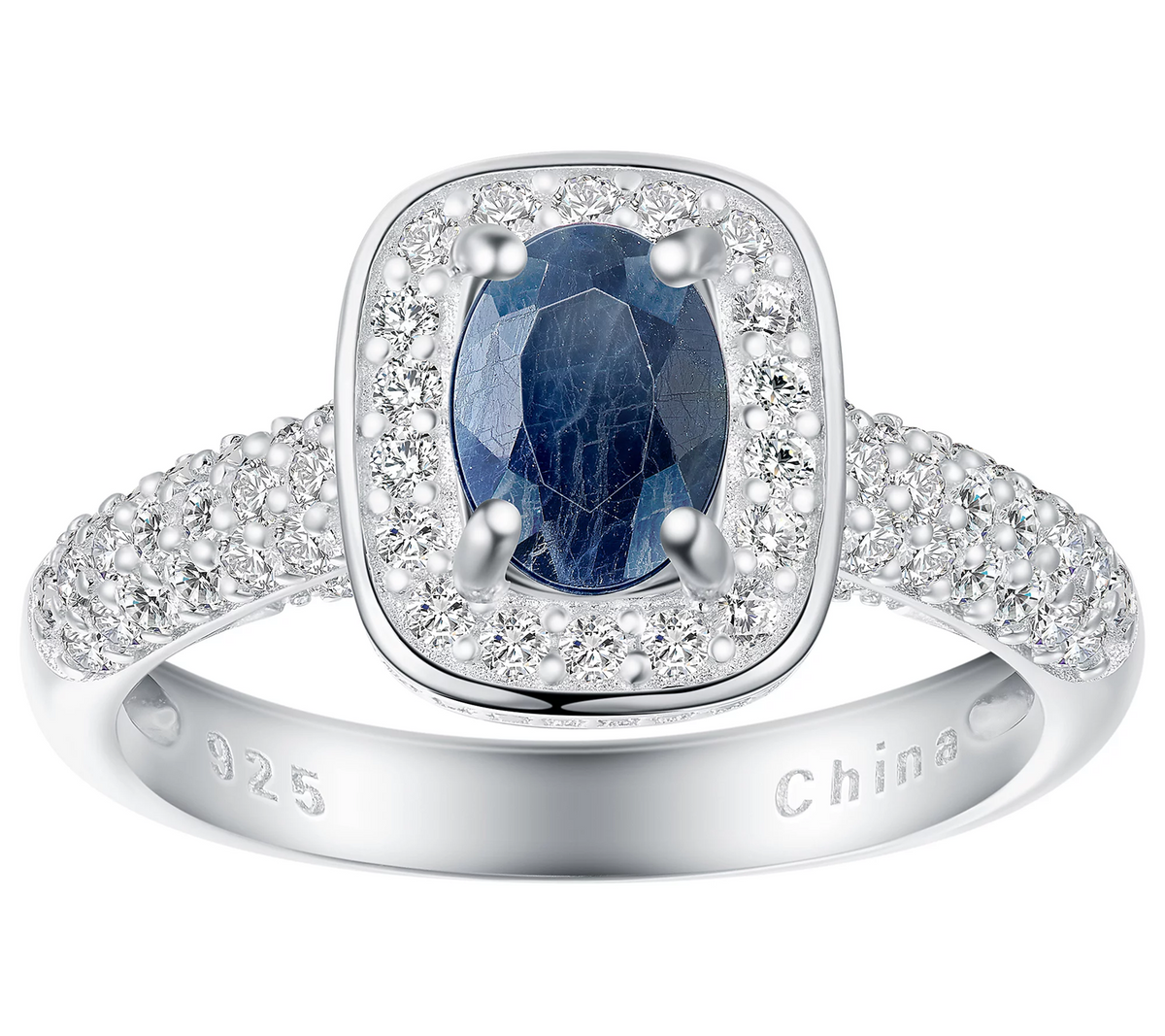Sterling Silver Sapphire & White Zircon Halo Ring Size 7