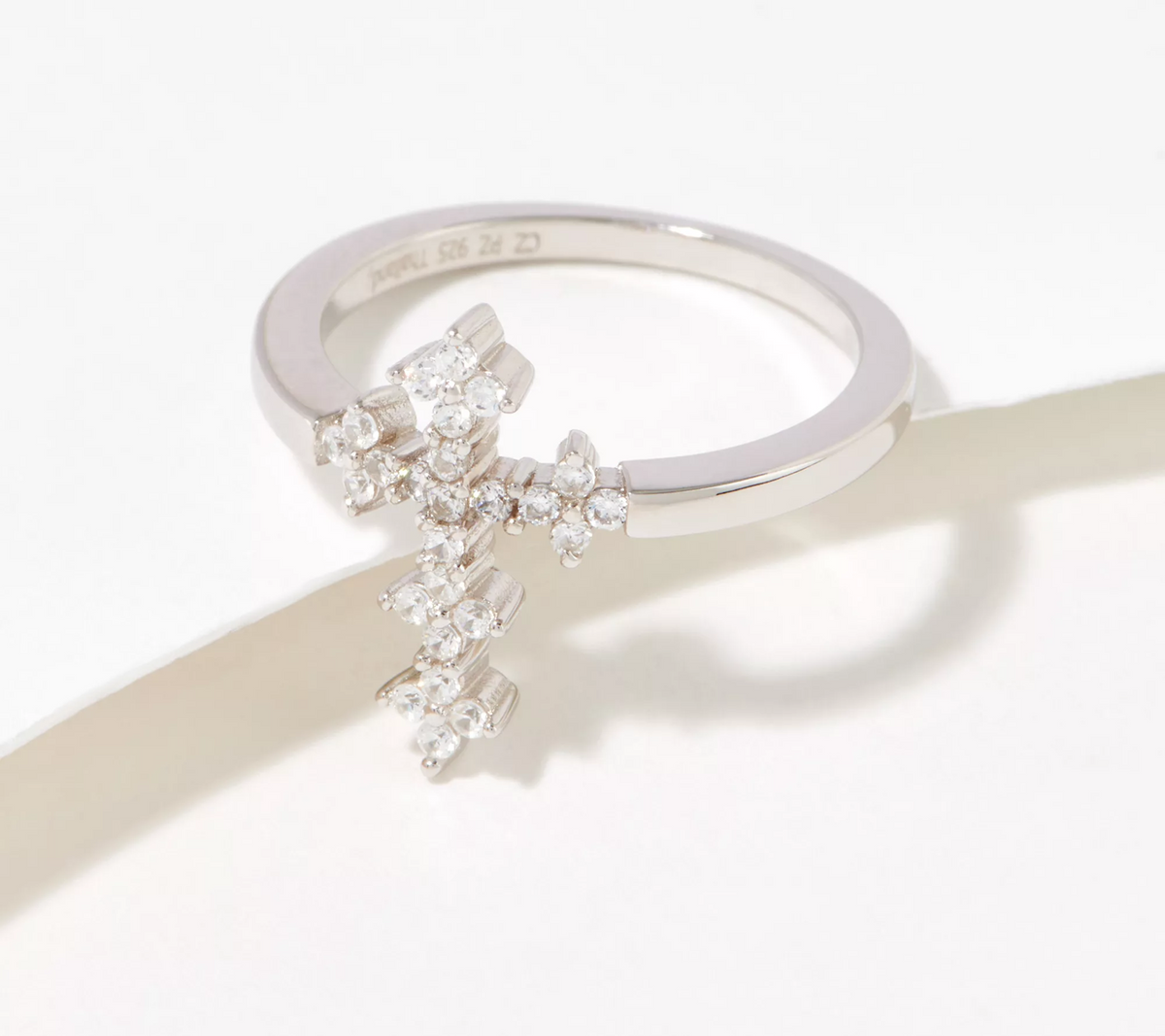 Diamonique Art Deco Cross Ring, Sterling Silver, Size 4