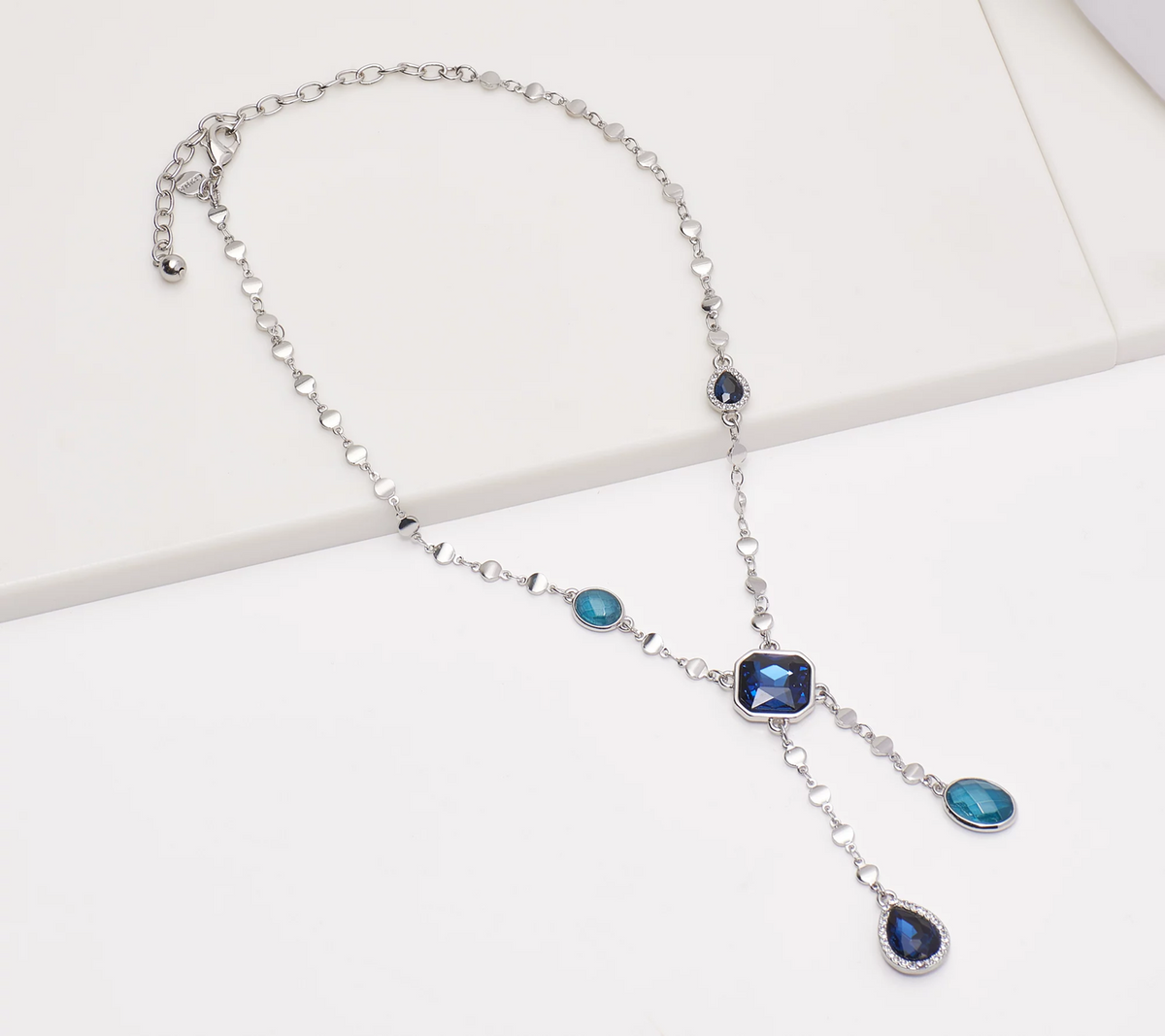Susan Graver Silver Tone Blue Stone & Crystal Drop Necklace