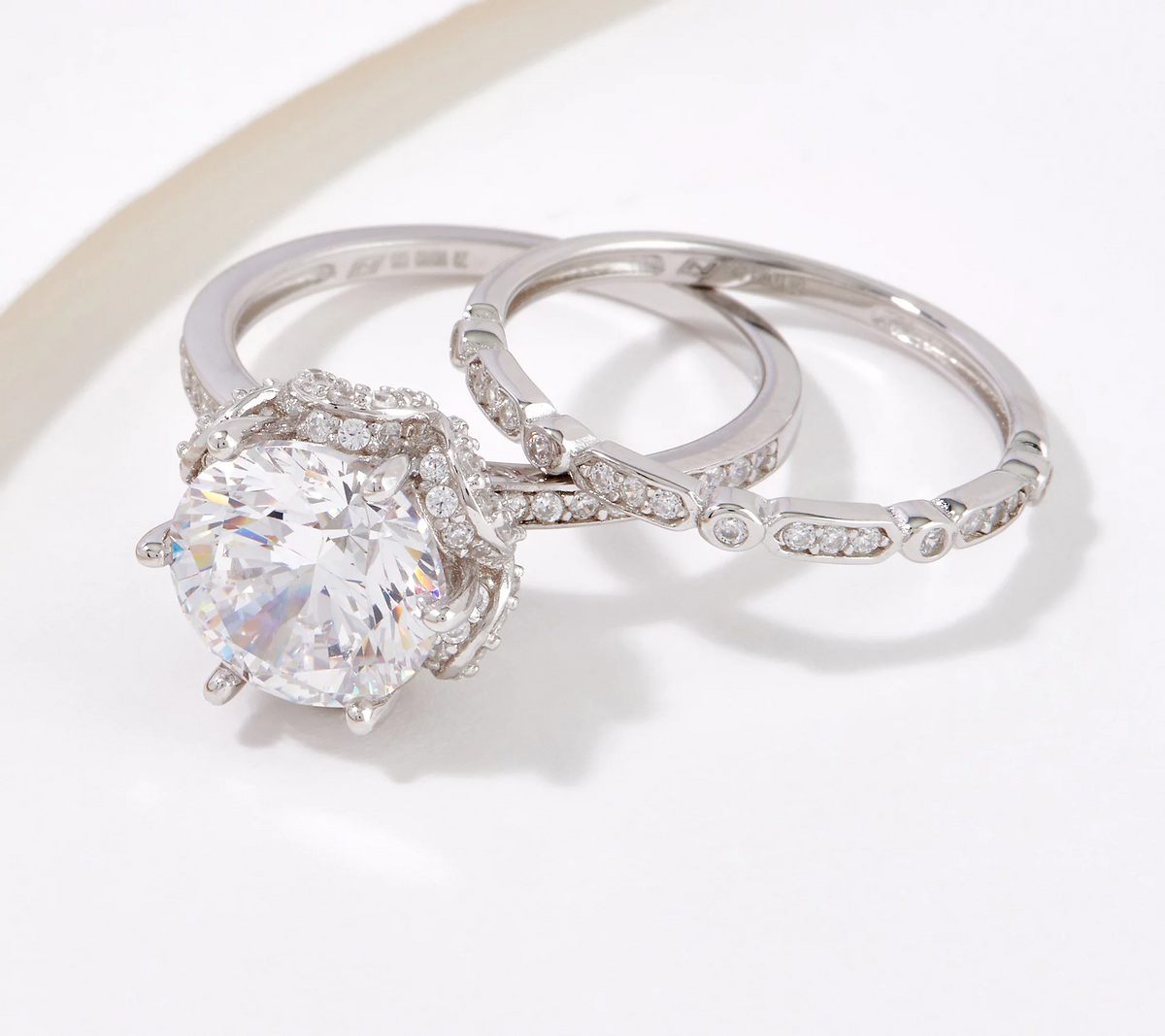 Diamonique Sterling Silver Fleur-Cut Cubic Zirconia Halo Ring Set of 2 Size 5