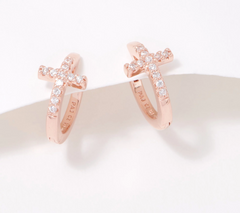 Diamonique x Courtney Khondabi Rosegold-Over Sterling Silver Cross Huggie Hoops, 1/4"