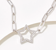 Diamonique Sterling Silver Star Motif Paperclip Necklace