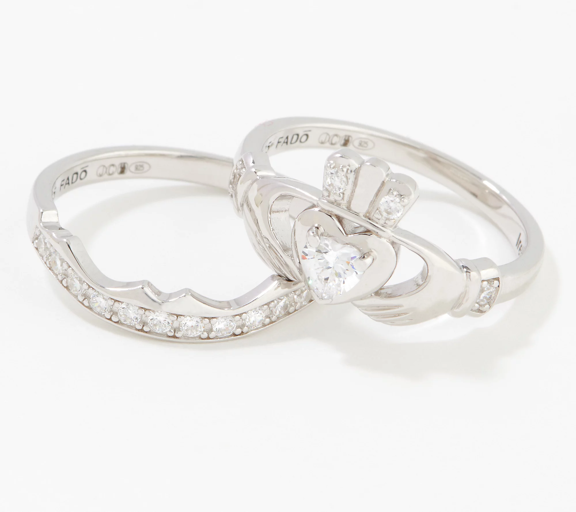 Fado Sterling Silver Claddagh and Band Ring Set, Size 7