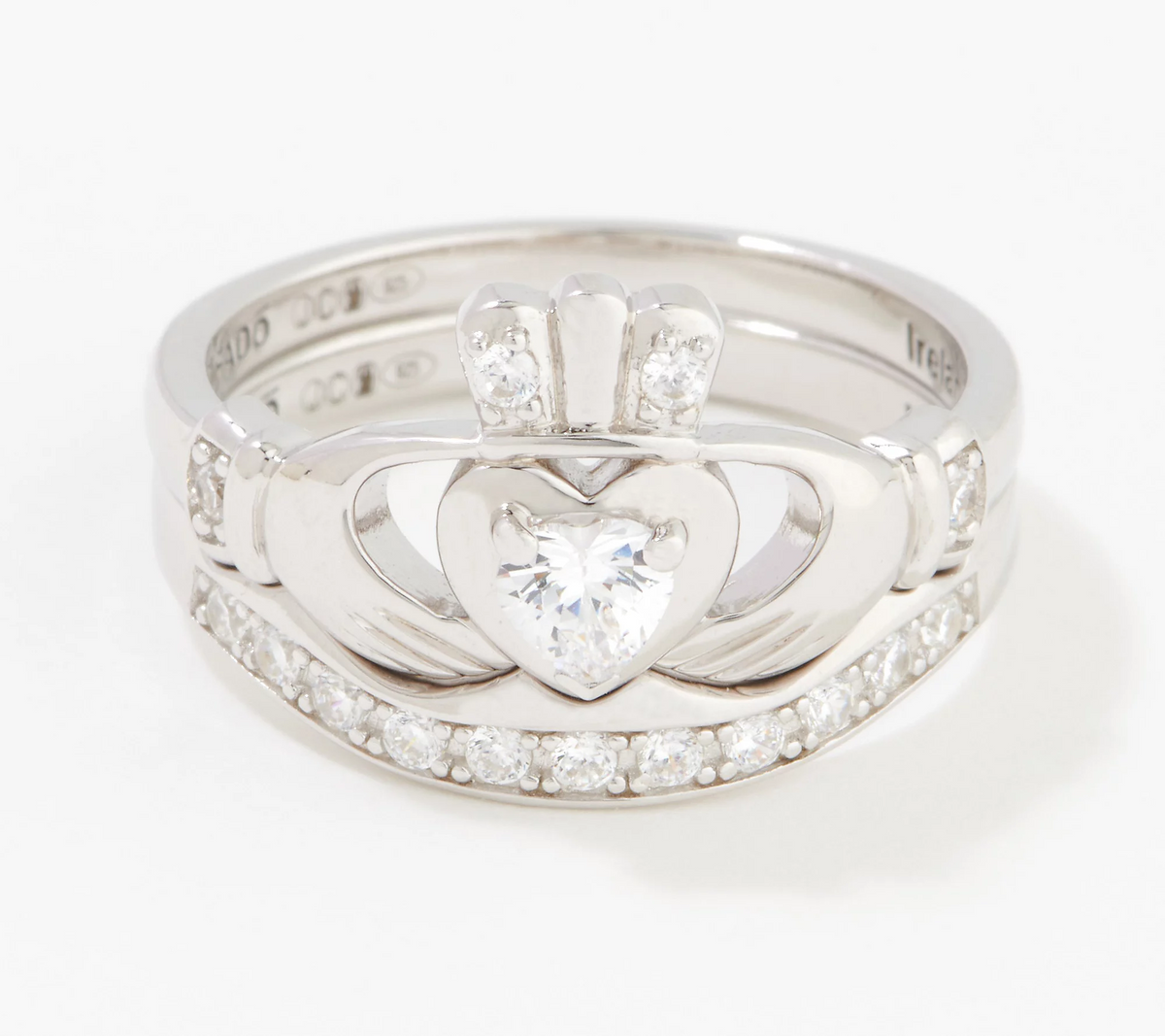 Fado Sterling Silver Claddagh and Band Ring Set, Size 7