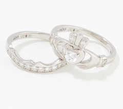Fado Sterling Silver Claddagh and Band Ring Set, Size 7